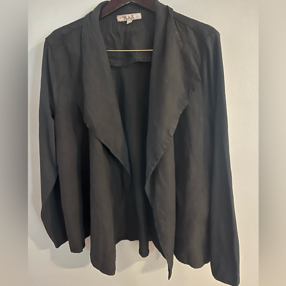 New Flax Black Linen Cardigan Lagenlook Cascade Front Layering Top women’s L